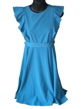 Qeudoris peacock Blue Flutter Sleeve Fit & Flare Dress NWT Size girls 14